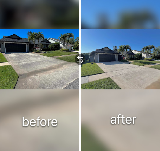 Before and after comparison of a residential driveway pressure washing