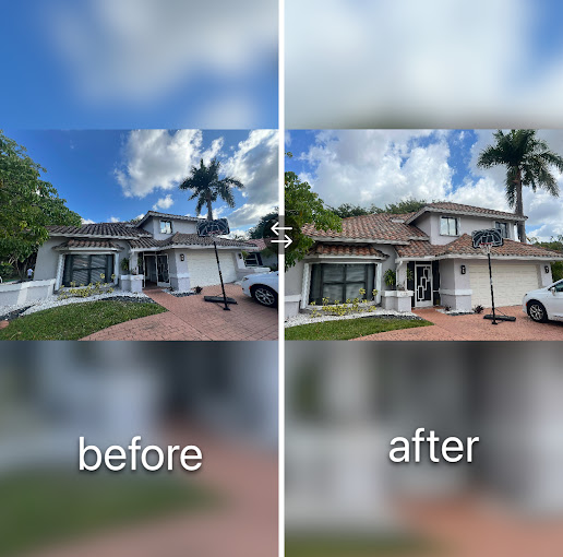 Before and after home exterior transformation with landscaping and clean design