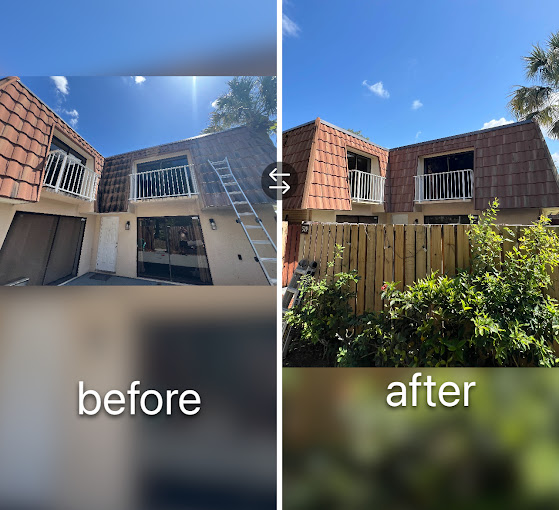 Before and after comparison of townhouse exterior renovation with landscaping