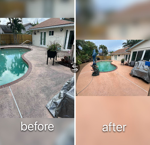 Pool deck before and after cleaning and restoration
