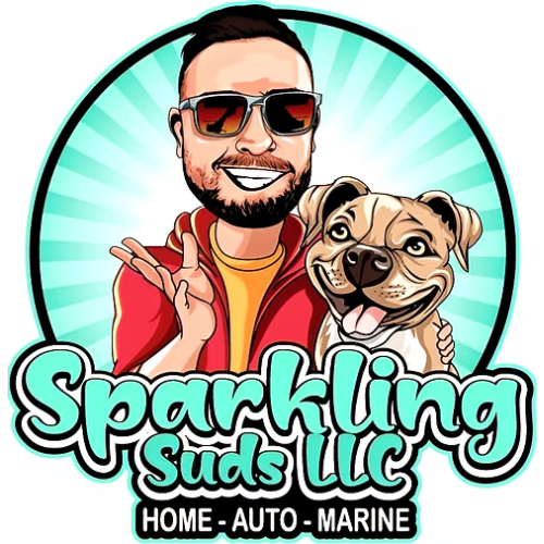 Smiling man with sunglasses and happy dog for Sparkling Suds LLC logo